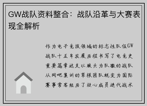 GW战队资料整合：战队沿革与大赛表现全解析